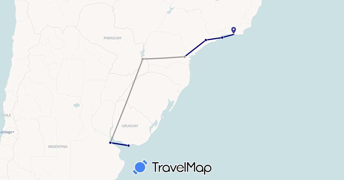 TravelMap itinerary: driving, plane in Argentina, Brazil, Uruguay (South America)